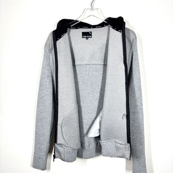 Stone Falcon Men’s Size Large Grey Black Full Zip Fleece Hoodie Jacket - Picture 2 of 10